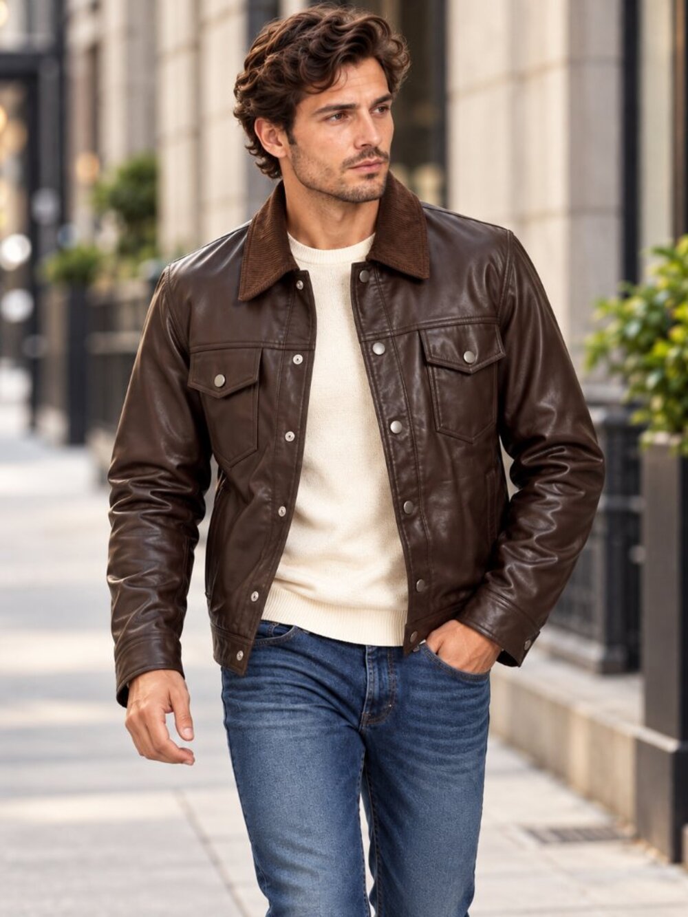 HUDSON Men's Faux Leather Trucker Jacket Brown Corduroy Collar Size M NWT